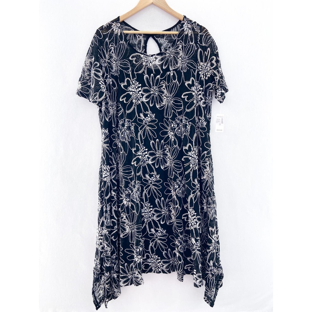 Roz & Ali Black Dress with White Floral Print Sz 2x